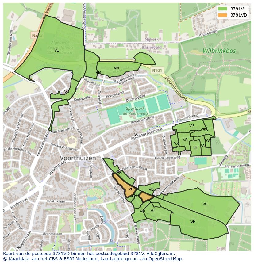 Afbeelding van het postcodegebied 3781 VD op de kaart.