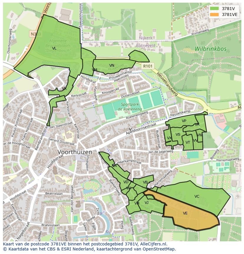 Afbeelding van het postcodegebied 3781 VE op de kaart.