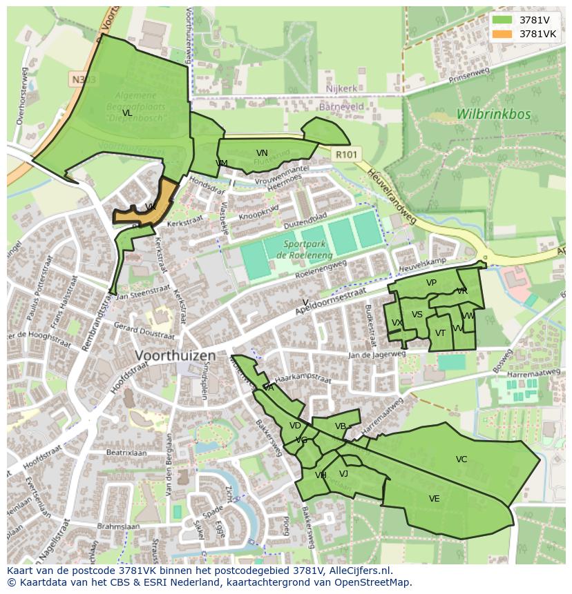 Afbeelding van het postcodegebied 3781 VK op de kaart.