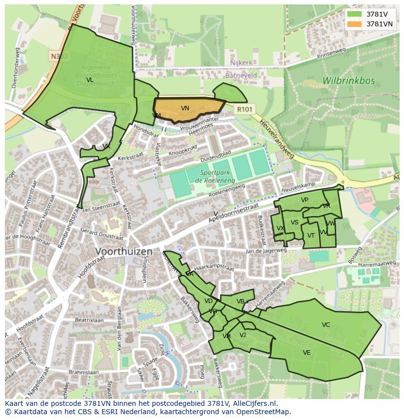 Afbeelding van het postcodegebied 3781 VN op de kaart.