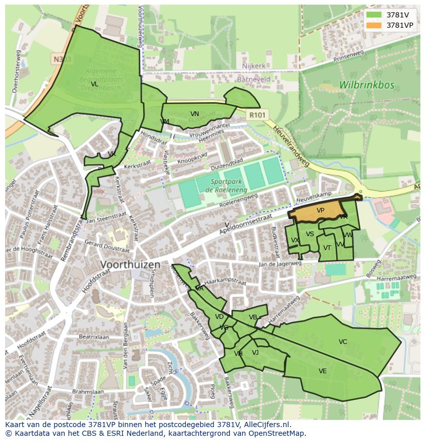 Afbeelding van het postcodegebied 3781 VP op de kaart.