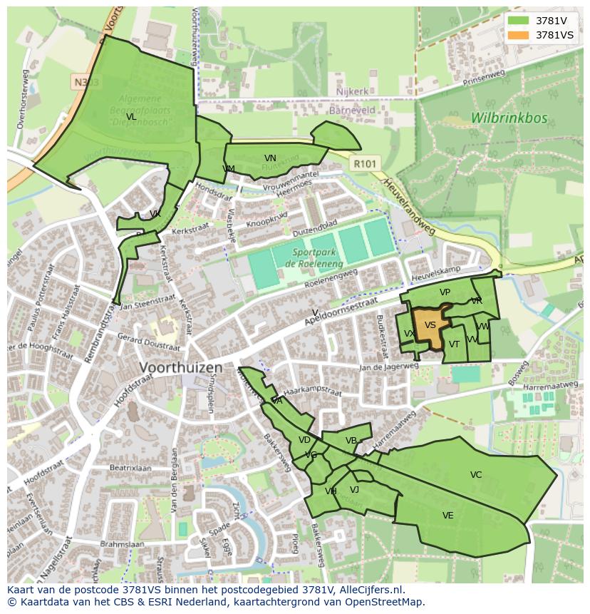 Afbeelding van het postcodegebied 3781 VS op de kaart.