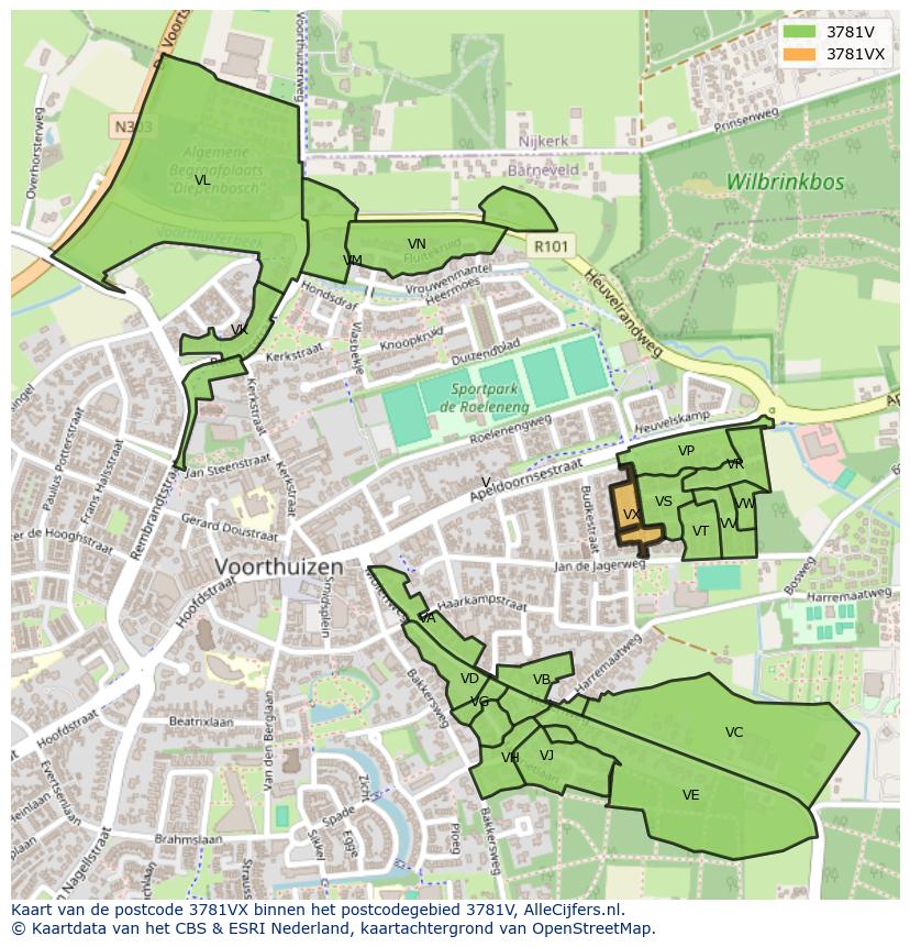 Afbeelding van het postcodegebied 3781 VX op de kaart.