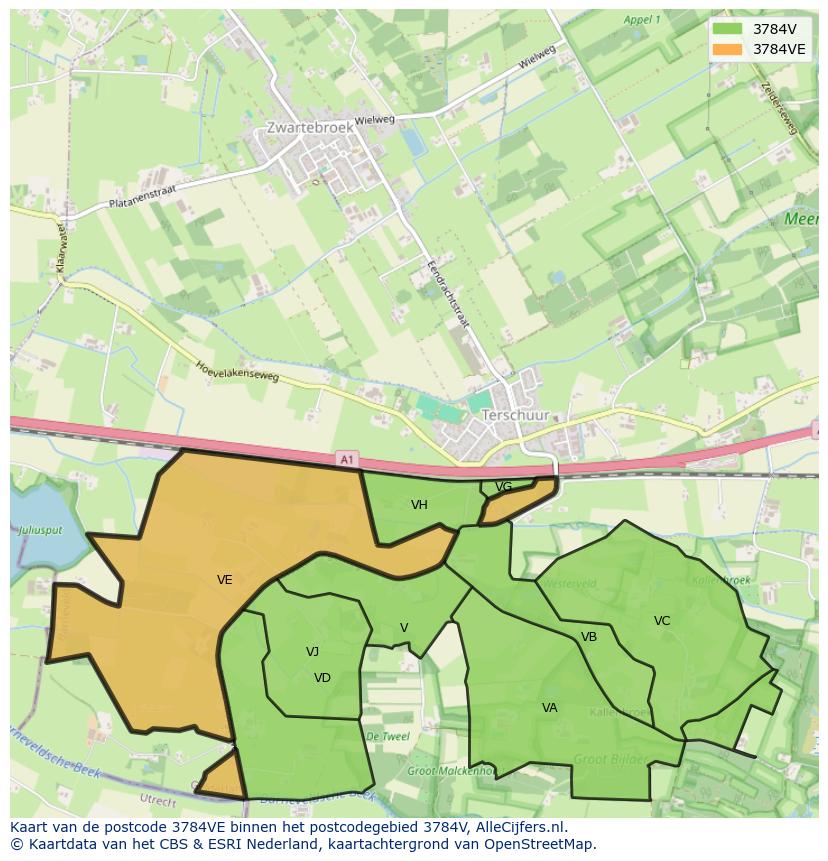 Afbeelding van het postcodegebied 3784 VE op de kaart.