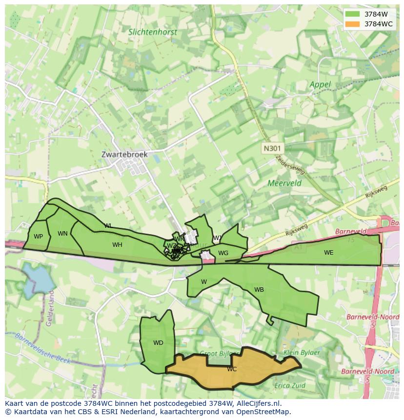 Afbeelding van het postcodegebied 3784 WC op de kaart.