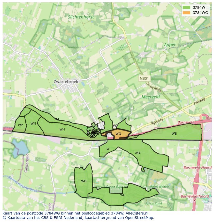 Afbeelding van het postcodegebied 3784 WG op de kaart.