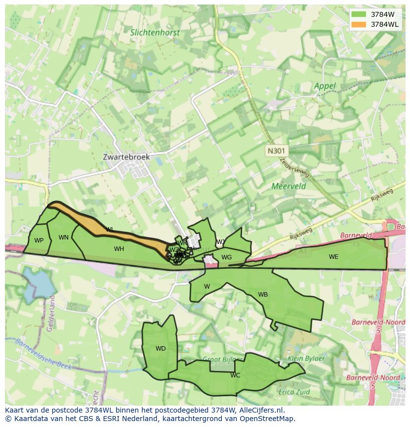 Afbeelding van het postcodegebied 3784 WL op de kaart.