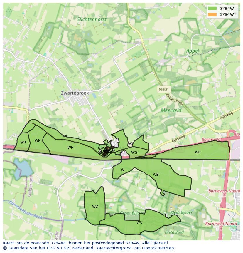 Afbeelding van het postcodegebied 3784 WT op de kaart.