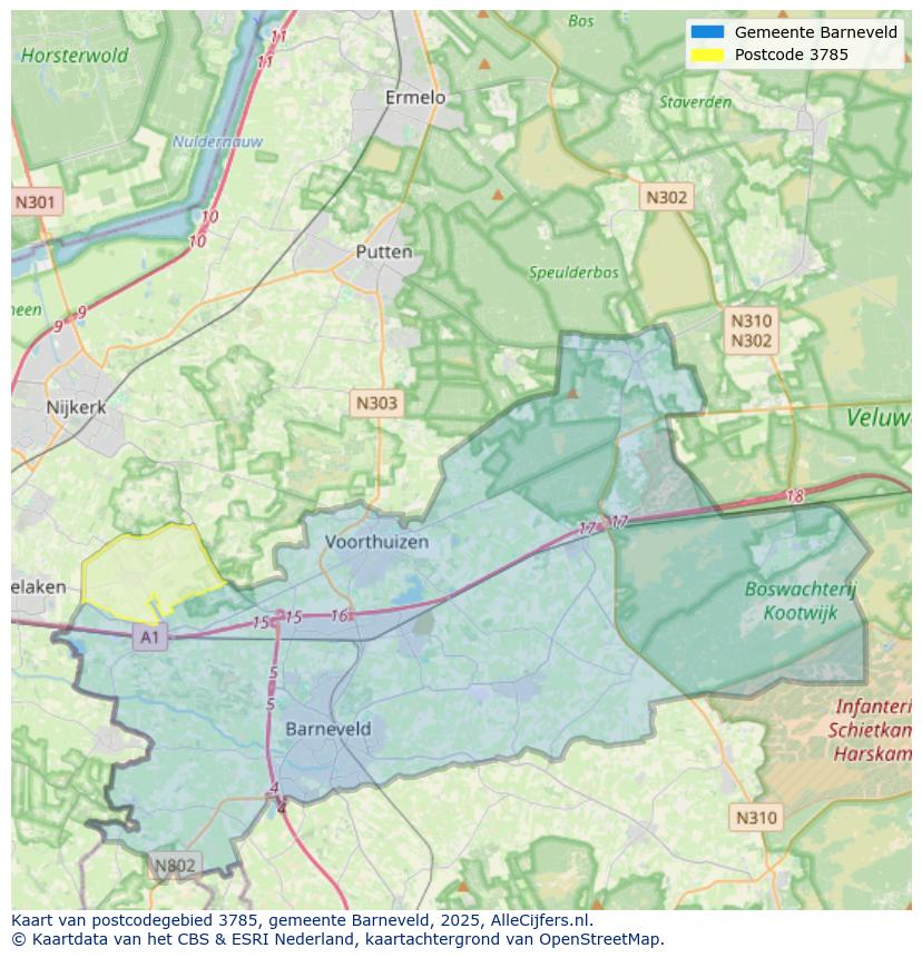Afbeelding van het postcodegebied 3785 MB op de kaart.