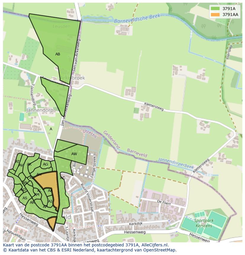 Afbeelding van het postcodegebied 3791 AA op de kaart.