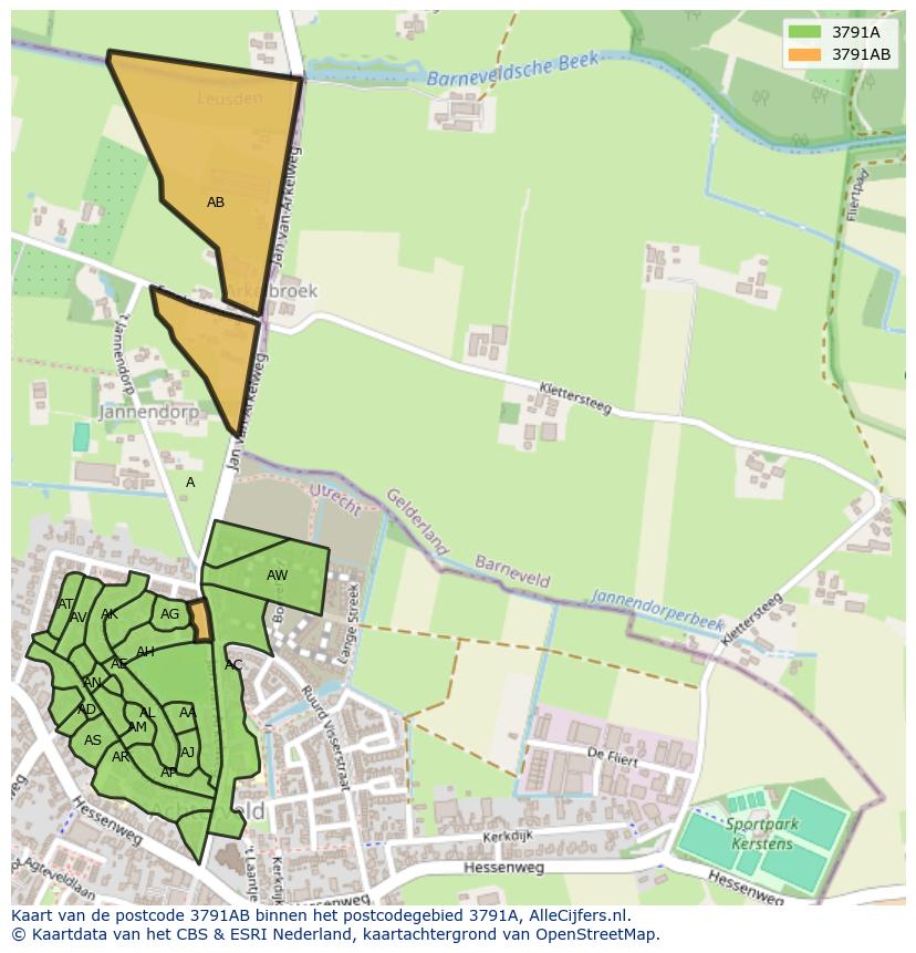 Afbeelding van het postcodegebied 3791 AB op de kaart.