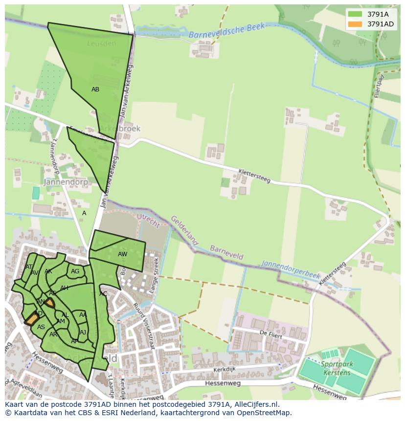 Afbeelding van het postcodegebied 3791 AD op de kaart.