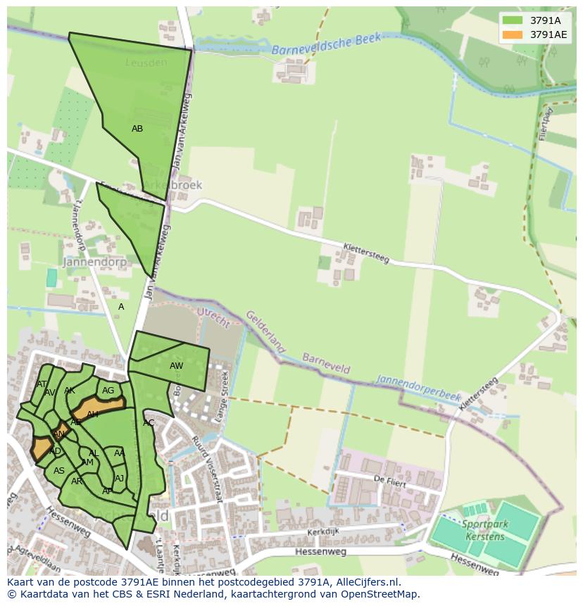 Afbeelding van het postcodegebied 3791 AE op de kaart.