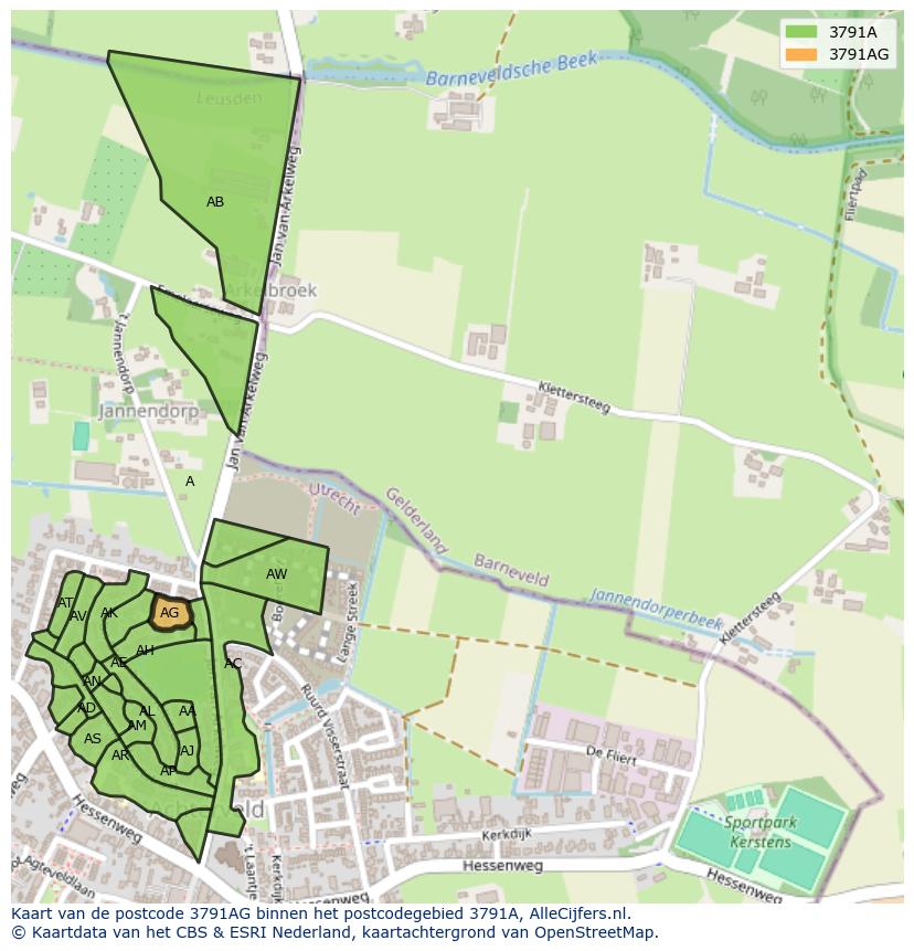 Afbeelding van het postcodegebied 3791 AG op de kaart.