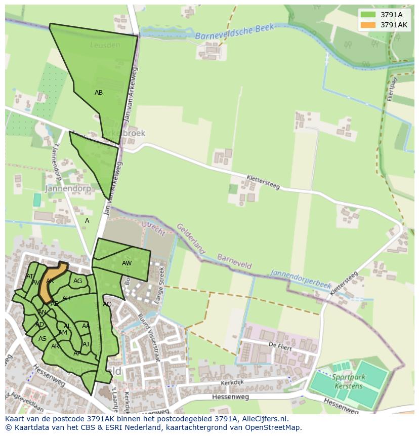 Afbeelding van het postcodegebied 3791 AK op de kaart.