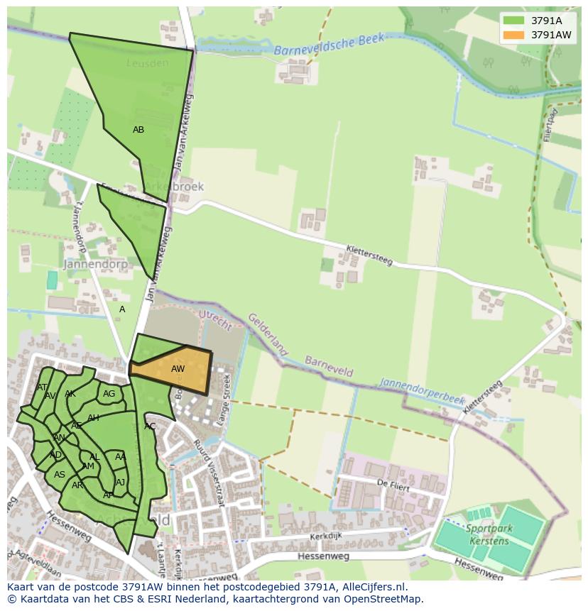 Afbeelding van het postcodegebied 3791 AW op de kaart.
