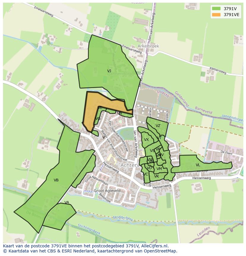 Afbeelding van het postcodegebied 3791 VE op de kaart.