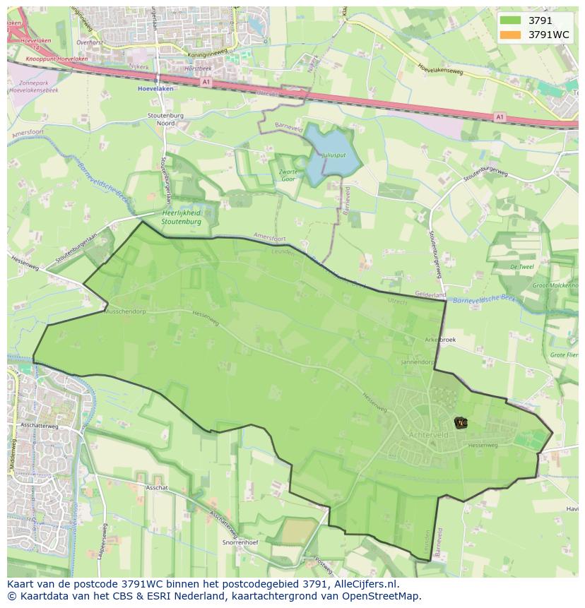 Afbeelding van het postcodegebied 3791 WC op de kaart.