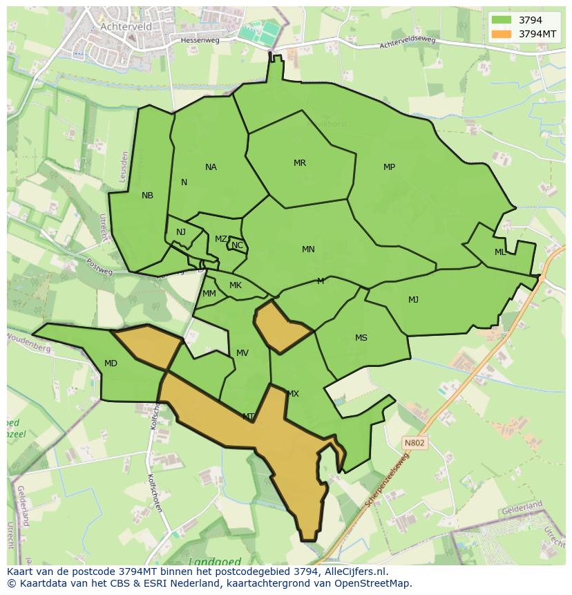 Afbeelding van het postcodegebied 3794 MT op de kaart.