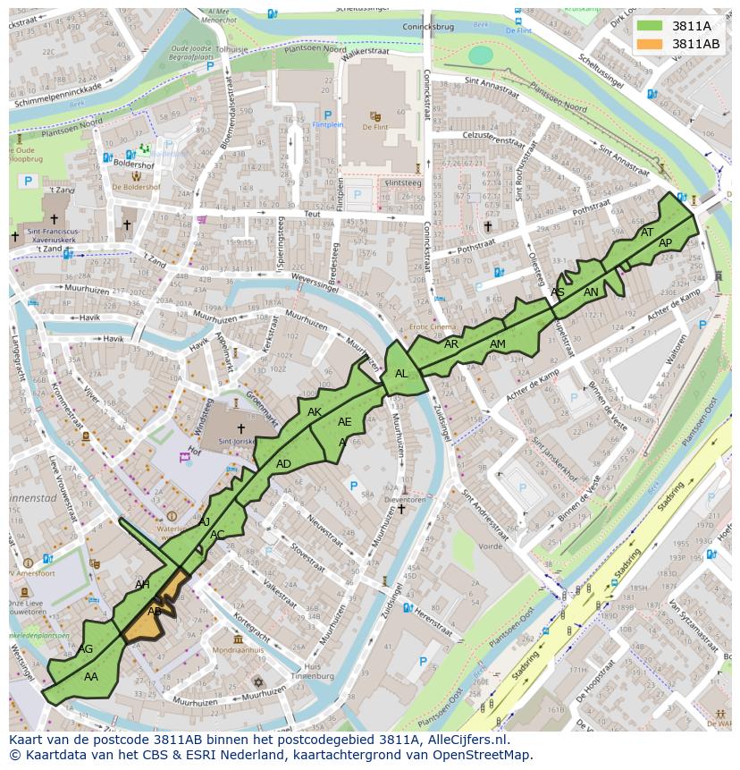 Afbeelding van het postcodegebied 3811 AB op de kaart.