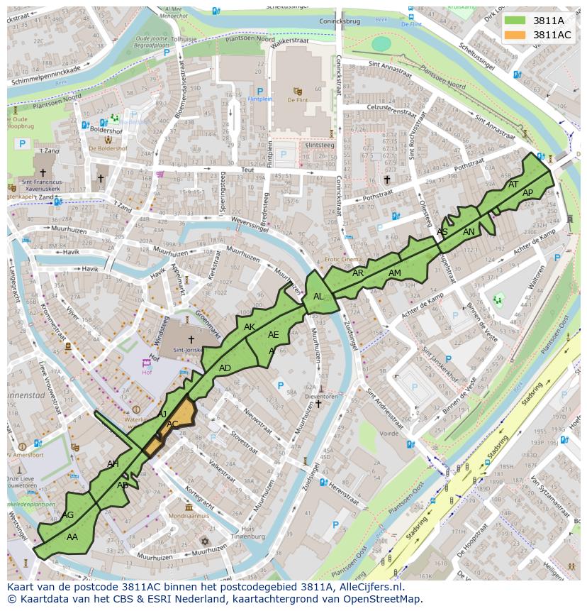 Afbeelding van het postcodegebied 3811 AC op de kaart.