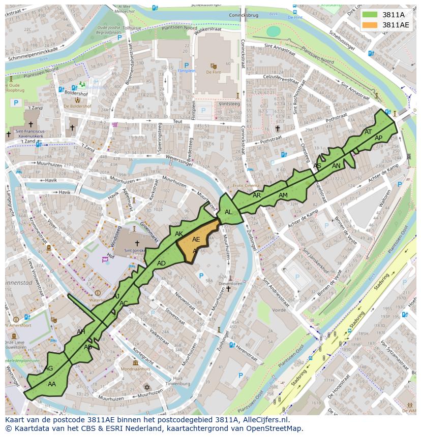 Afbeelding van het postcodegebied 3811 AE op de kaart.