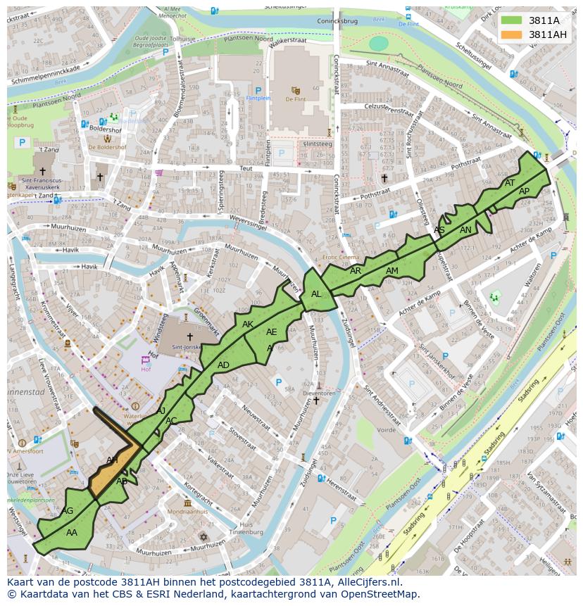 Afbeelding van het postcodegebied 3811 AH op de kaart.