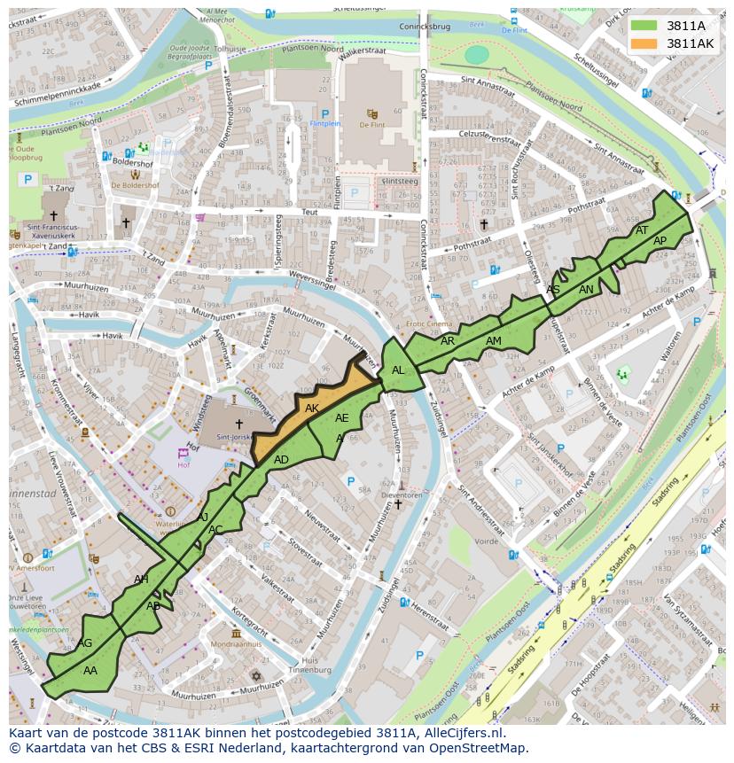Afbeelding van het postcodegebied 3811 AK op de kaart.