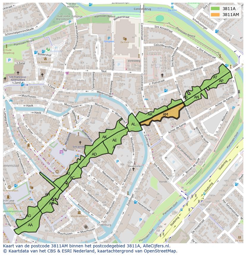 Afbeelding van het postcodegebied 3811 AM op de kaart.