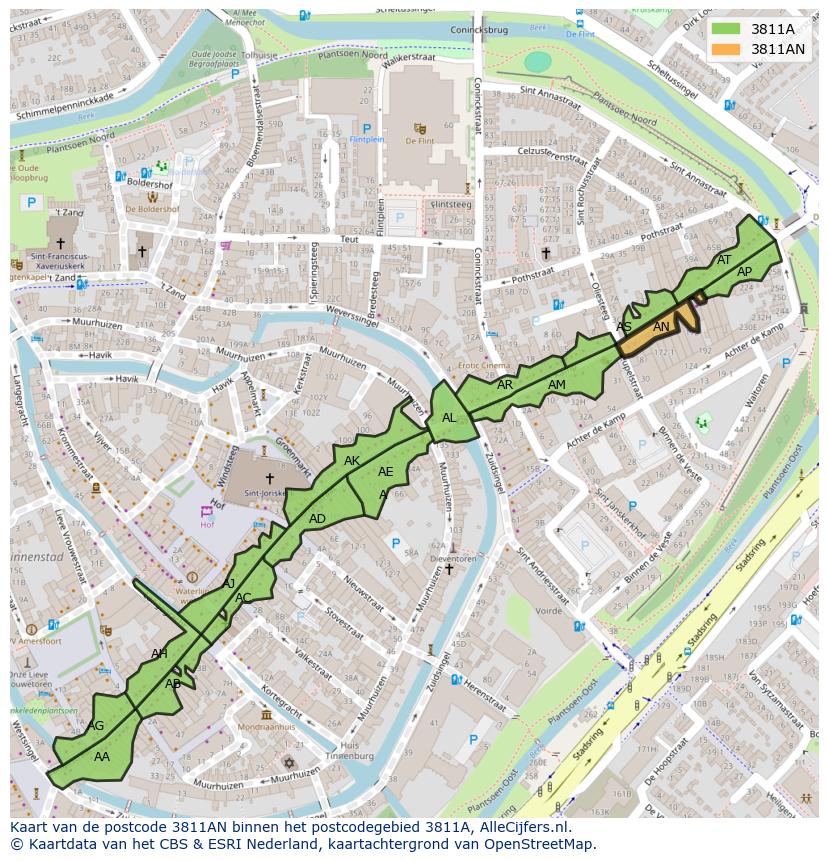 Afbeelding van het postcodegebied 3811 AN op de kaart.