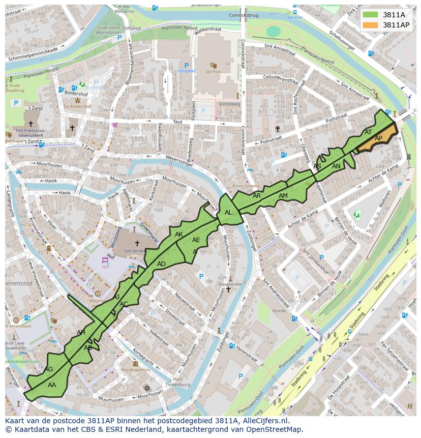 Afbeelding van het postcodegebied 3811 AP op de kaart.