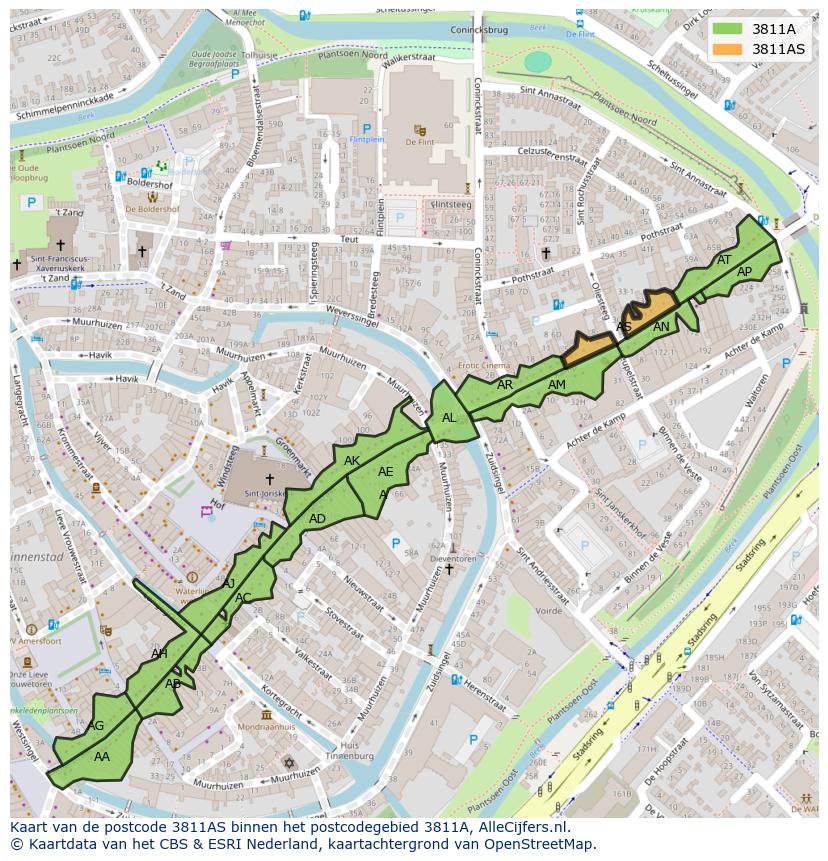 Afbeelding van het postcodegebied 3811 AS op de kaart.