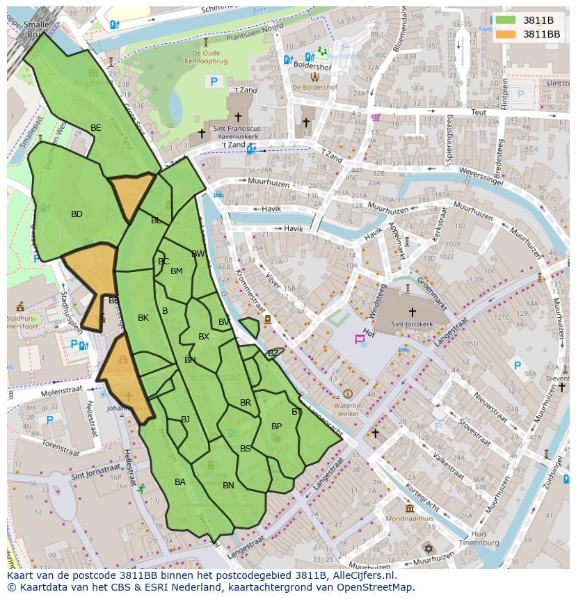 Afbeelding van het postcodegebied 3811 BB op de kaart.