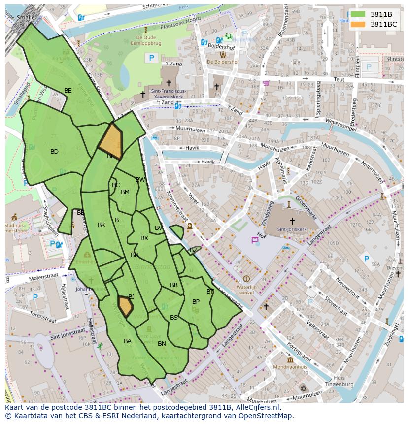 Afbeelding van het postcodegebied 3811 BC op de kaart.