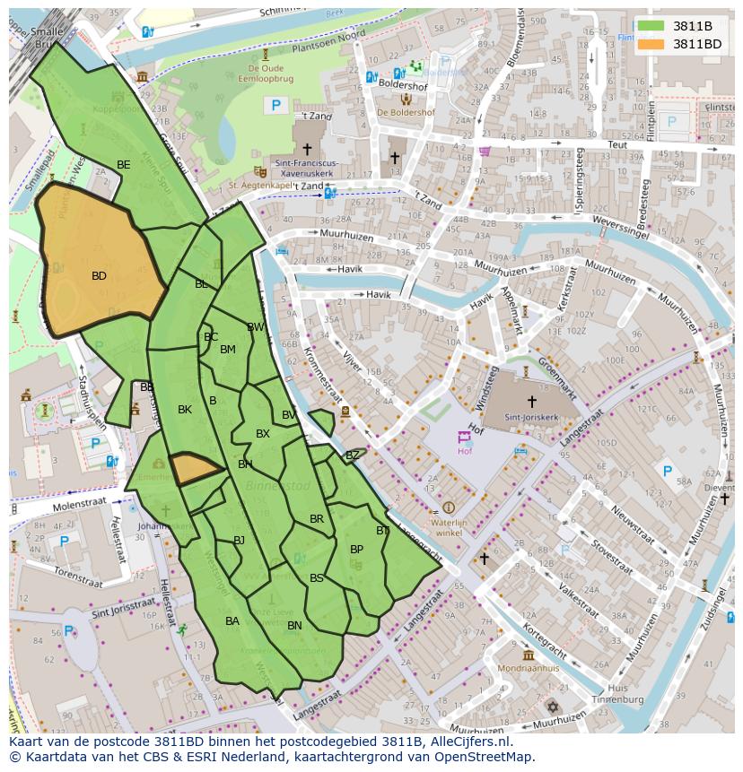 Afbeelding van het postcodegebied 3811 BD op de kaart.
