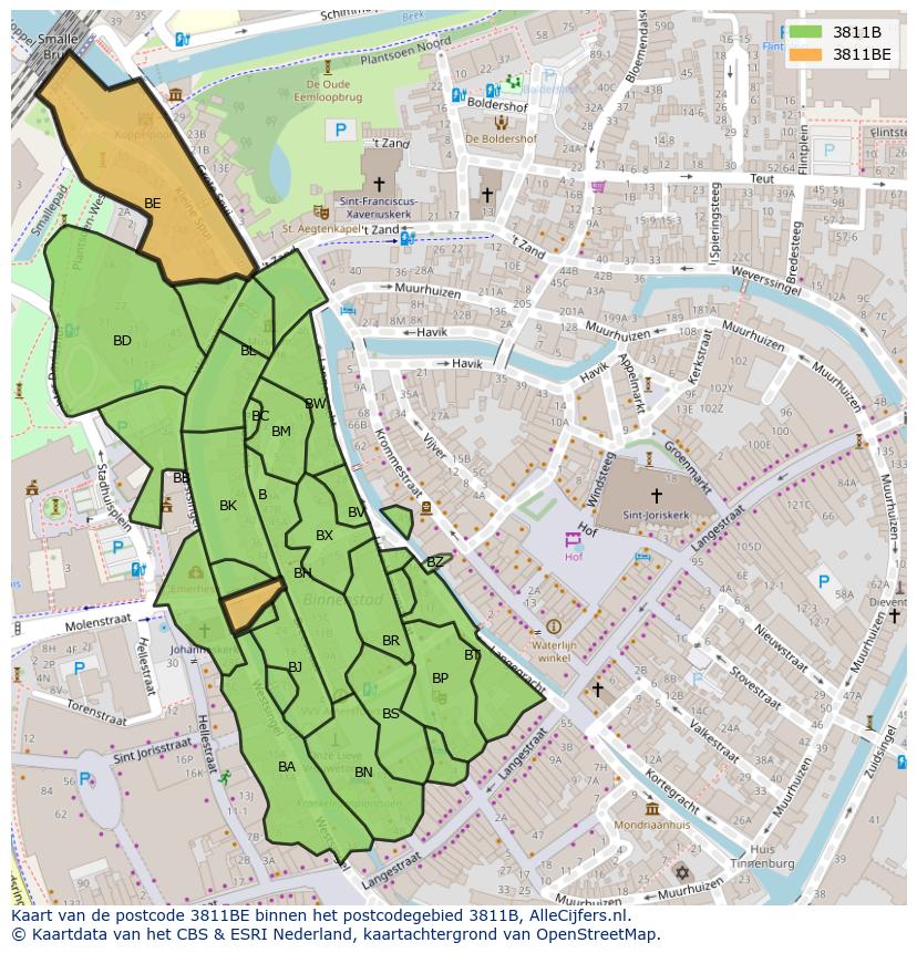 Afbeelding van het postcodegebied 3811 BE op de kaart.