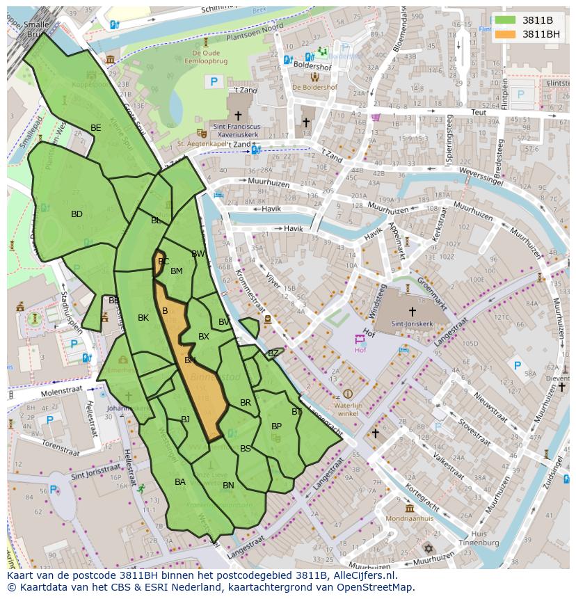 Afbeelding van het postcodegebied 3811 BH op de kaart.