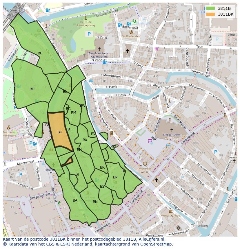 Afbeelding van het postcodegebied 3811 BK op de kaart.