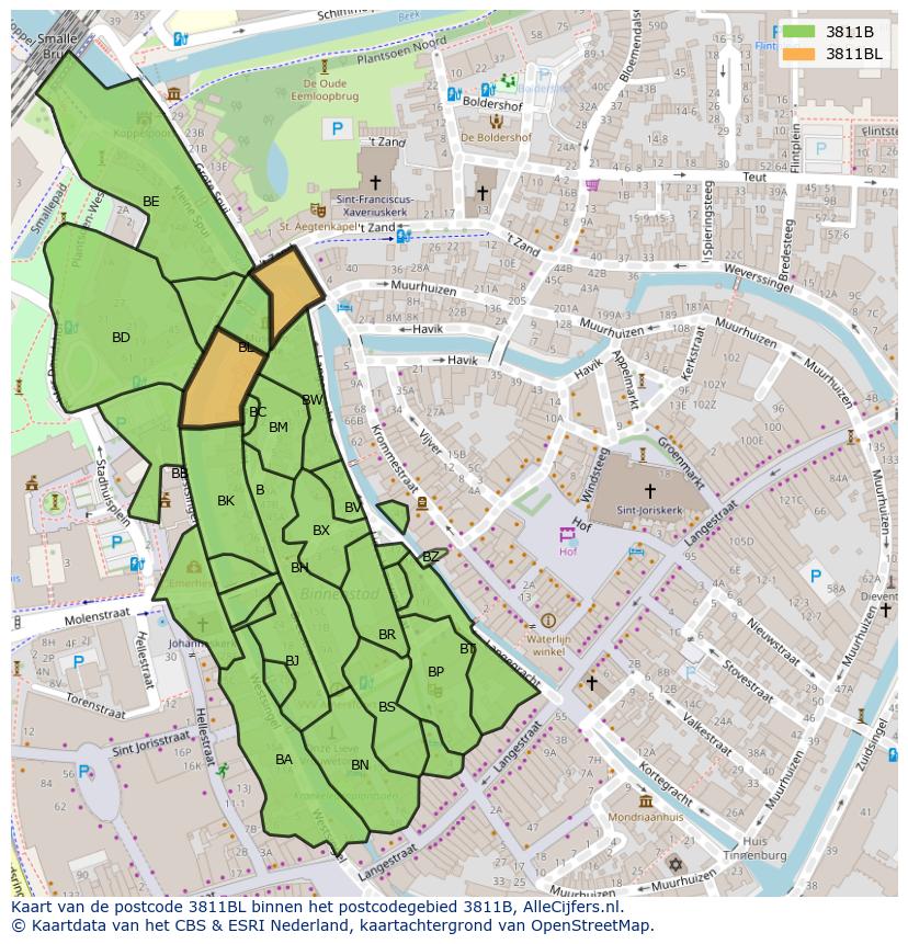 Afbeelding van het postcodegebied 3811 BL op de kaart.