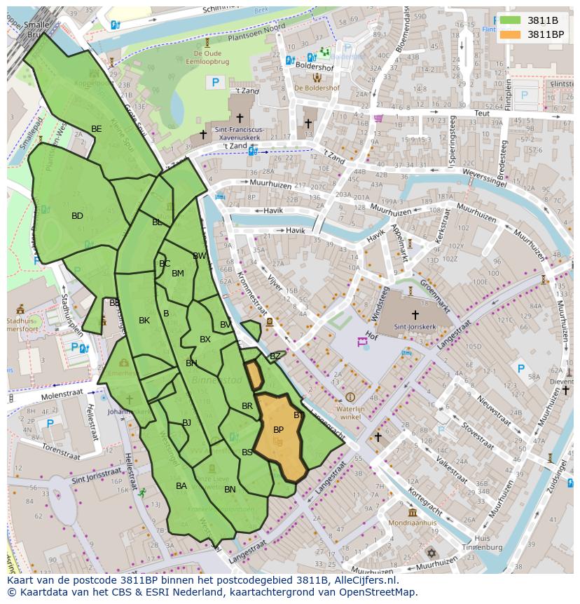 Afbeelding van het postcodegebied 3811 BP op de kaart.