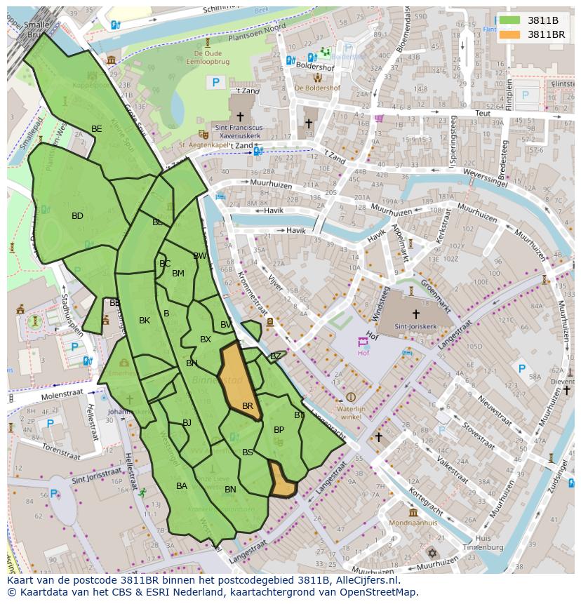Afbeelding van het postcodegebied 3811 BR op de kaart.