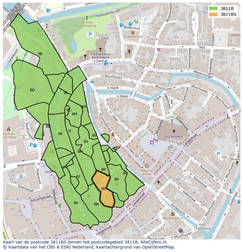 Afbeelding van het postcodegebied 3811 BS op de kaart.