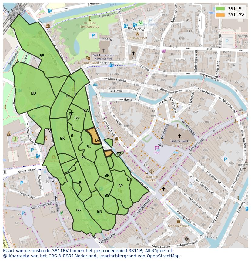 Afbeelding van het postcodegebied 3811 BV op de kaart.
