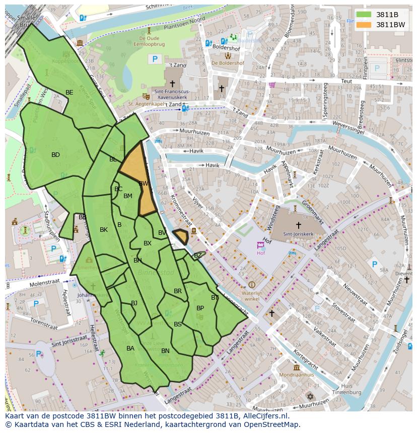 Afbeelding van het postcodegebied 3811 BW op de kaart.