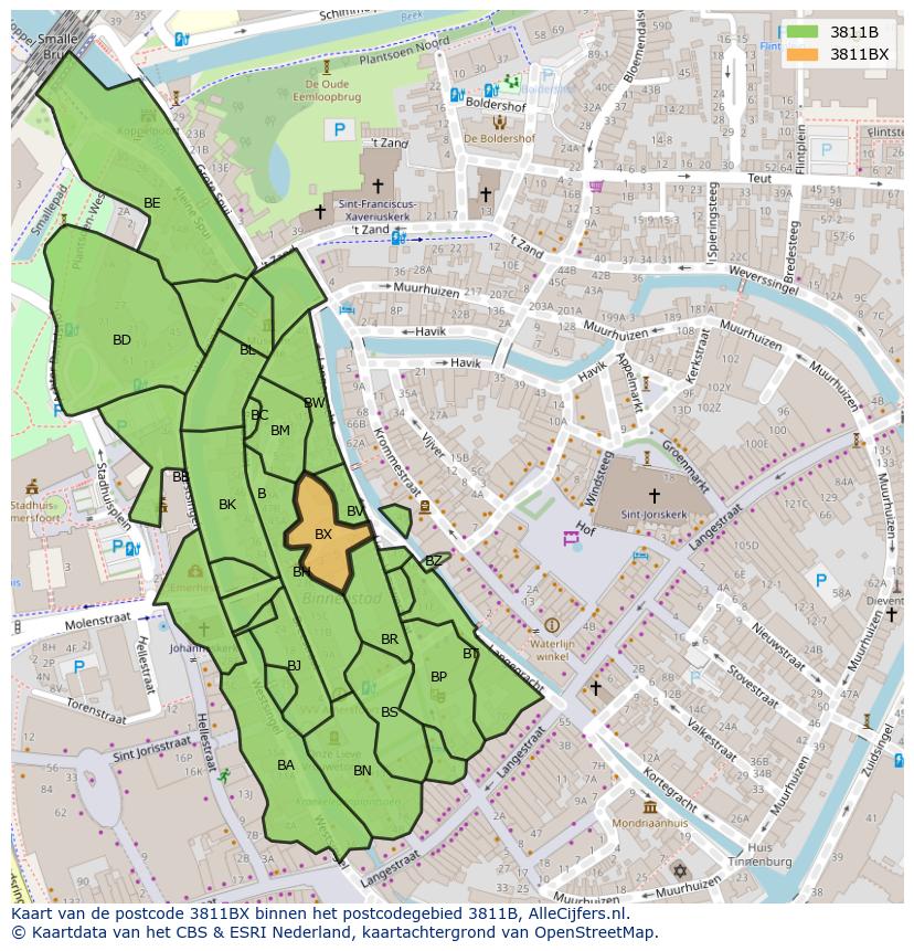 Afbeelding van het postcodegebied 3811 BX op de kaart.