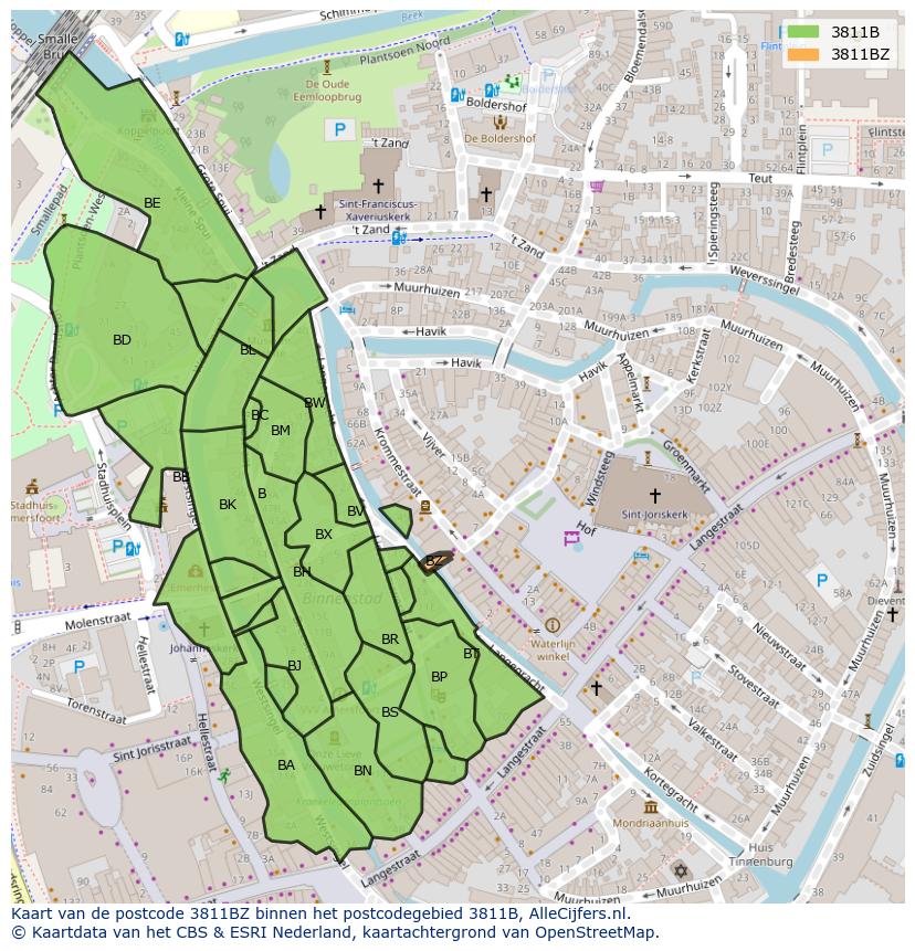 Afbeelding van het postcodegebied 3811 BZ op de kaart.