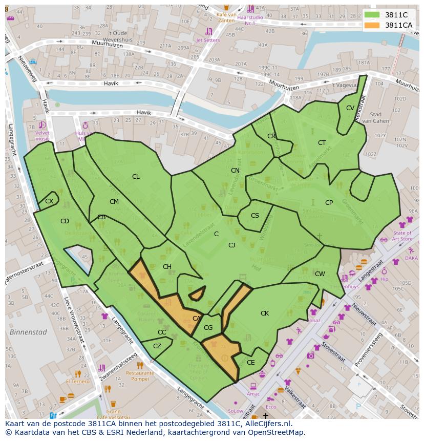 Afbeelding van het postcodegebied 3811 CA op de kaart.