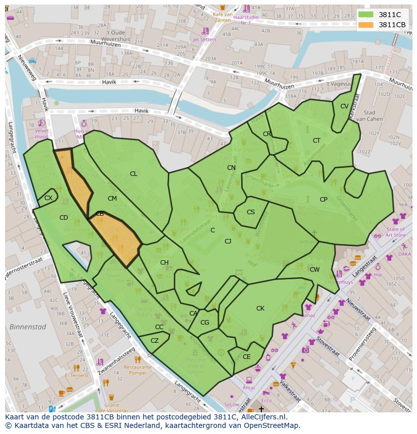 Afbeelding van het postcodegebied 3811 CB op de kaart.
