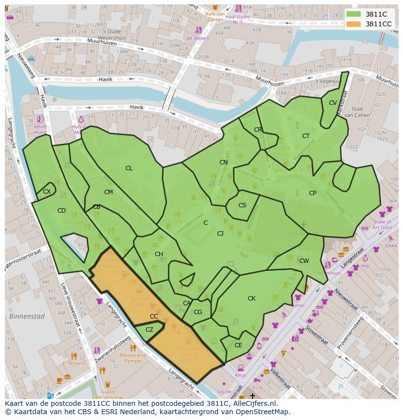 Afbeelding van het postcodegebied 3811 CC op de kaart.
