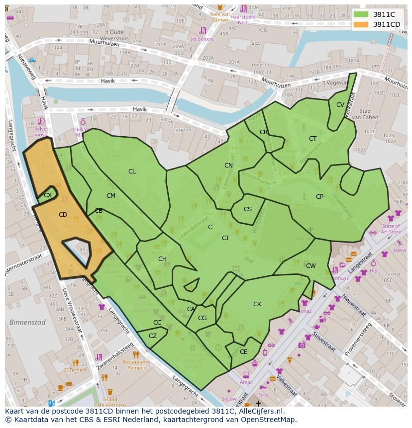 Afbeelding van het postcodegebied 3811 CD op de kaart.